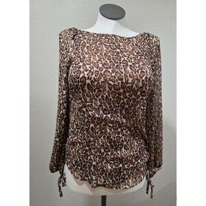 White House Black Market Leopard Print Long-Sleeve Blouse With Tie Details